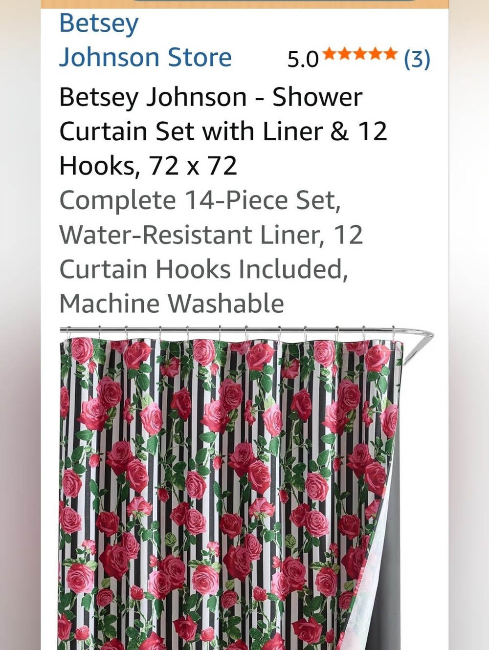 Betsey Johnson Pink& Black Floral Shower Curtain Set, W/Pink  Beaded Hooks New !